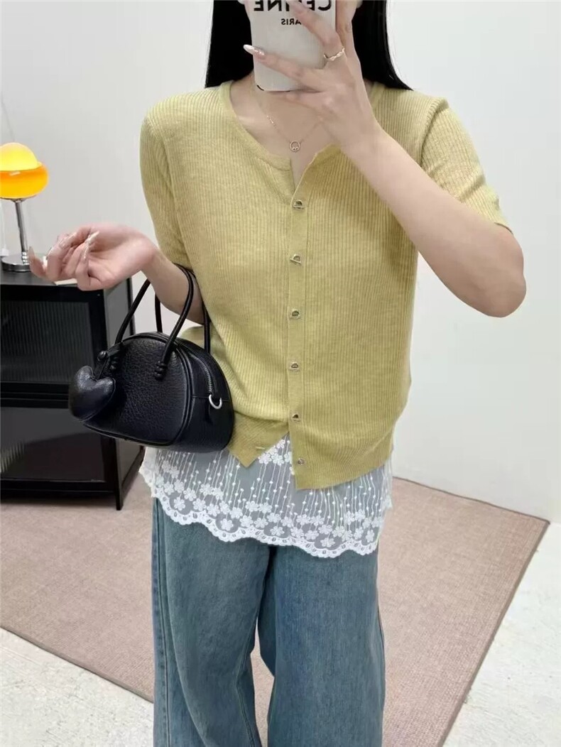 -韩版小清新精纺羊毛圆领开衫短袖,女装T恤,艾米娇羊绒