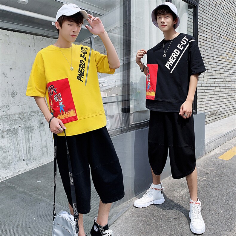 夏季男士潮流休闲短袖T恤套装搭配帅气五分裤一套衣服DS393T,男装T恤,电商A102