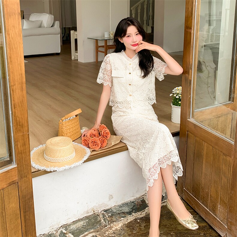 两件套装裙连衣裙女夏季2025年新款小香风高级感短袖蕾丝半身裙子,女装套装/套裙,小九月