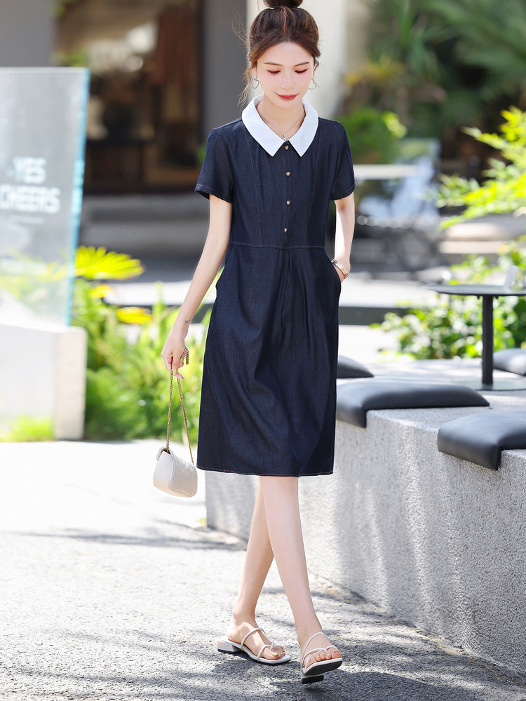 娃娃领连衣裙女2025新款中长款夏季短袖高级感减龄妈妈夏装裙子潮,女装连衣裙,梦芯尔