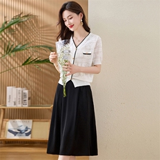 两件套2025年夏季优雅温柔V领撞色边短袖上衣开衫半身裙套装森女，女装套装/套裙，欣贝拉