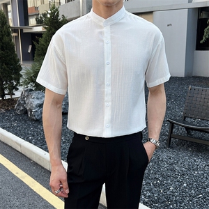 夏季男士七分袖条纹衬衫立领男休闲修身休闲衬衣A236-C663-P55图片