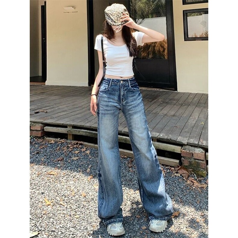 【网图现货】美式高街潮流宽松微喇牛仔长裤女K1910/P45，女装牛仔裤，星座205-3