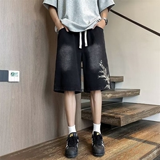 新中式刺绣牛仔短裤男夏季宽松复古中裤水洗5五分裤D232，男装牛仔裤，星座1116A-1（原606A）