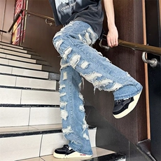 美式vibe牛仔裤男欧美嘻哈破洞乞丐裤子高街潮牌hiphop宽松老爹裤，男装牛仔裤，星座716-2