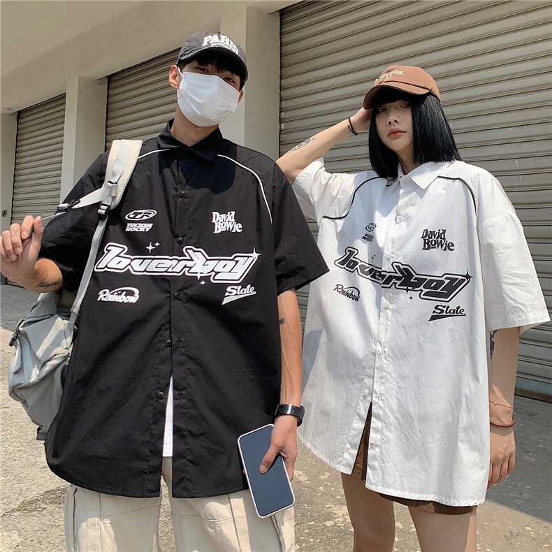 情侣装夏装新款机车字母印花织带短袖衬衫宽松男女港风潮D305P48,男装T恤,电商A335-1（原A458）