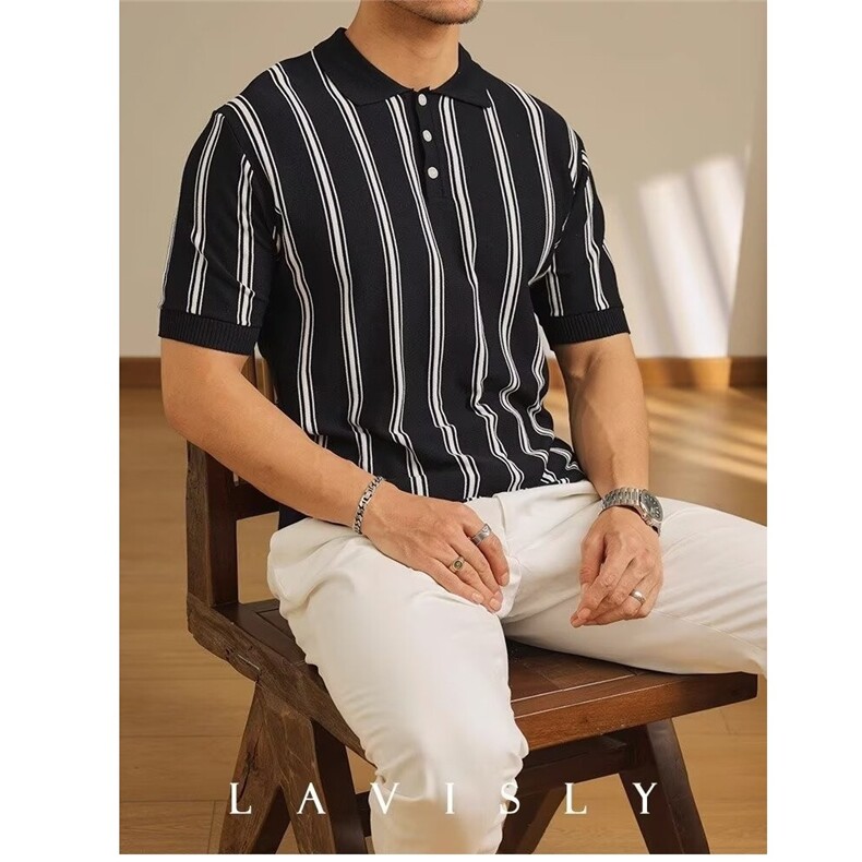 夏季极简绅士撞色条纹polo衫短袖男士商务高级感百搭休闲翻领T恤,男装T恤,星座506A
