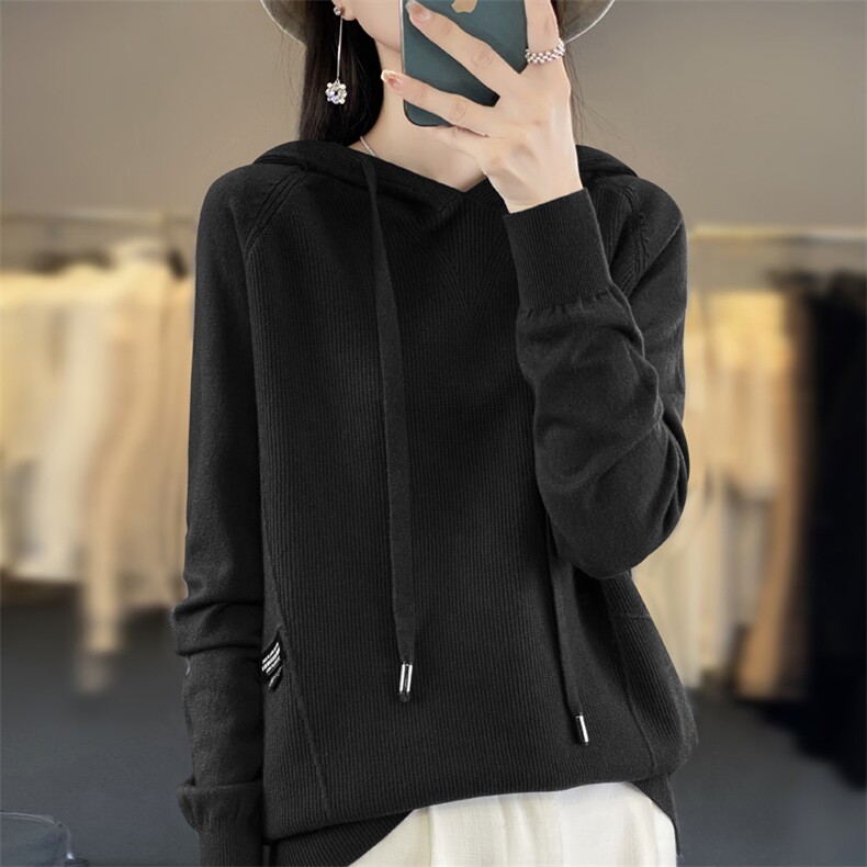 秋冬季新款纯色毛衣女长袖宽松显瘦百搭帽衫上衣,针织衫/毛衣,贵皇网供仓