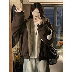 网图自制美式连帽座山雕皮衣外套男女加绒兔毛棉衣夹克A1107-P90，男装夹克，星座1505