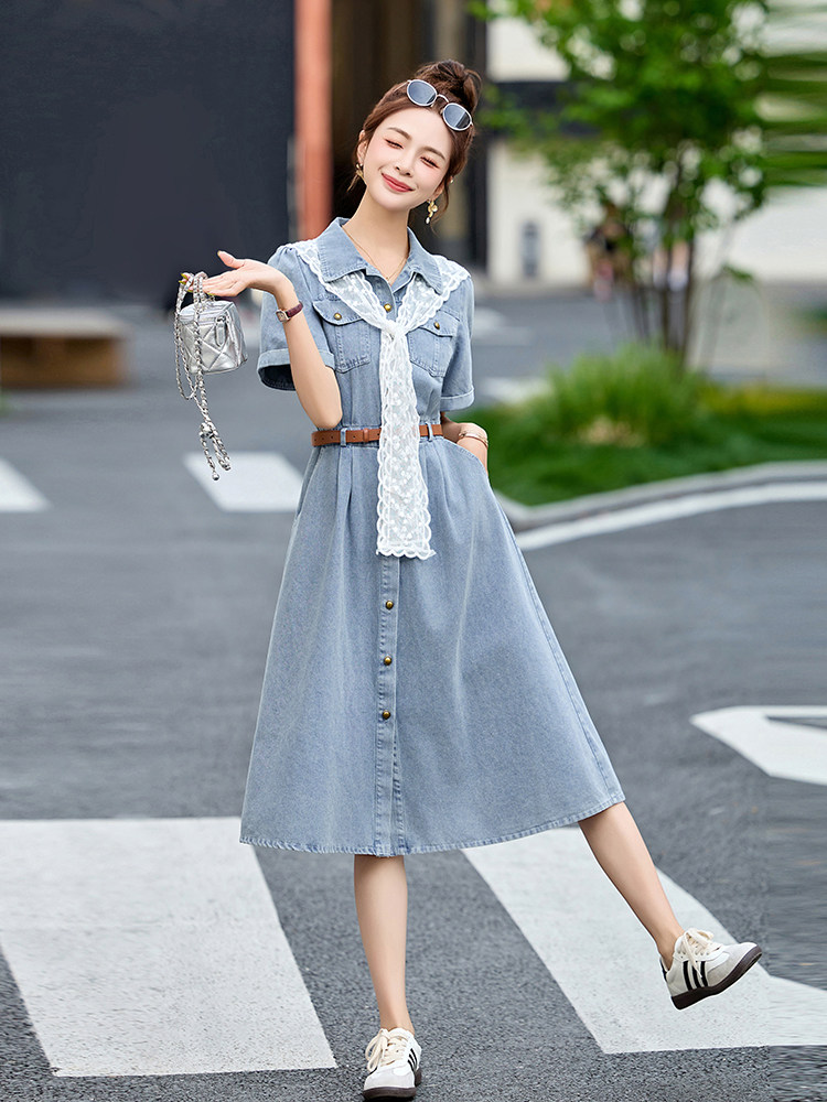 复古牛仔连衣裙女2025夏季新款通勤风收腰显瘦时尚气质薄款裙子潮,女装牛仔裙,辉煌依升