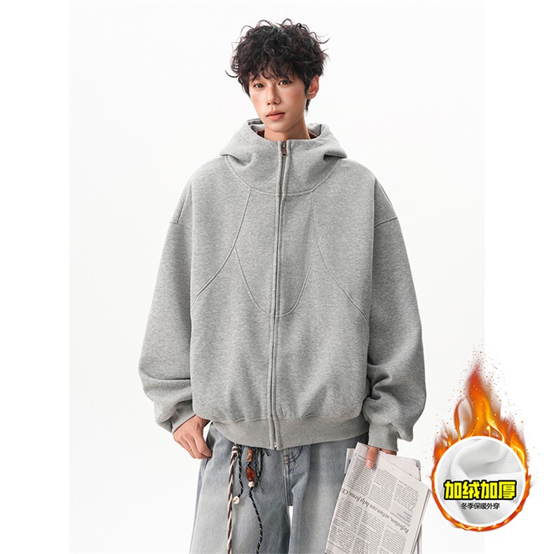 480G重磅加绒硬挺boxy男女秋冬美式高街结构高领卫衣开衫厚外套，女装短外套，电商A486-1