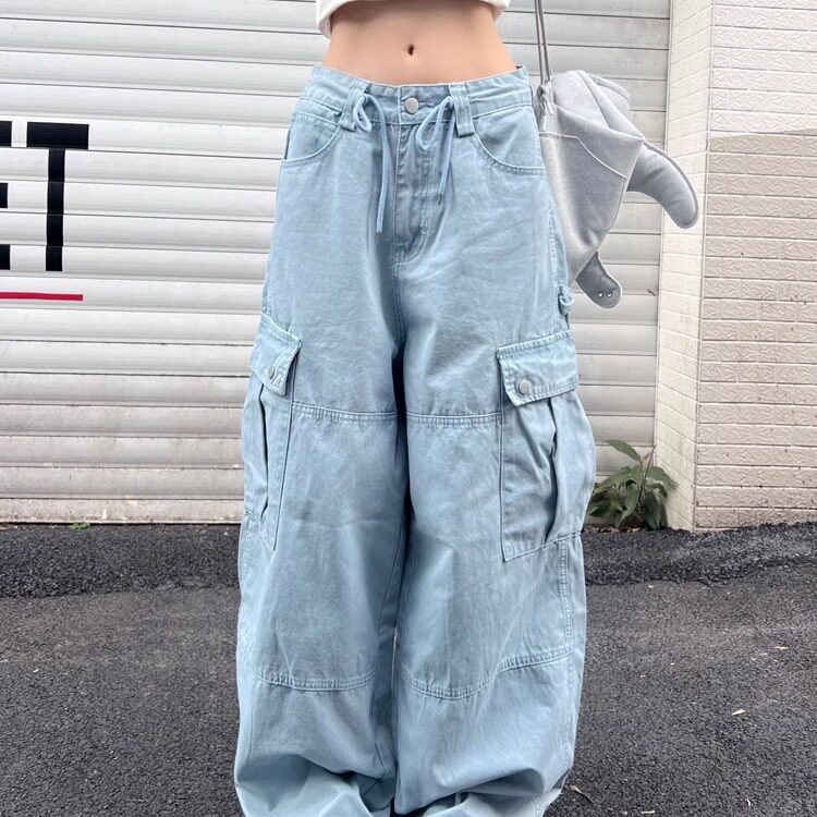 77lin美式雾霾蓝多口袋工装裤男女宽松休闲垂感阔腿牛仔拖地裤潮,男装工装外套,星座506A