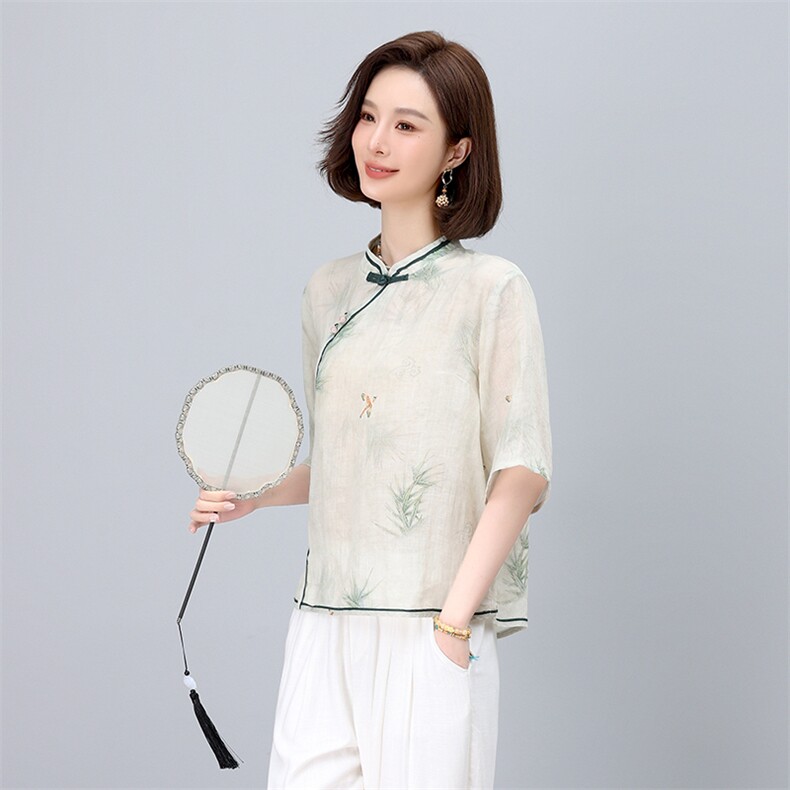 实体店同款2025夏新款苎麻印花衬衫立领手工盘扣体恤衫显瘦衬衣,女装衬衫,凝聚力