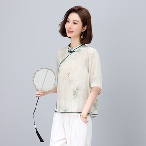 实体店同款2025夏新款苎麻印花衬衫立领手工盘扣体恤衫显瘦衬衣图片