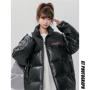 中性风冬季拼色字母印花百搭PU皮棉服A268-MY84013 特批115控168图片