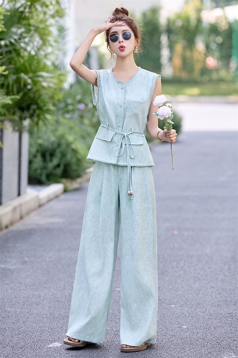 毛边蓝色无袖马甲阔腿裤套装女夏2025新款大方得体流行两件套通勤,女装套装/套裙,朵莱米