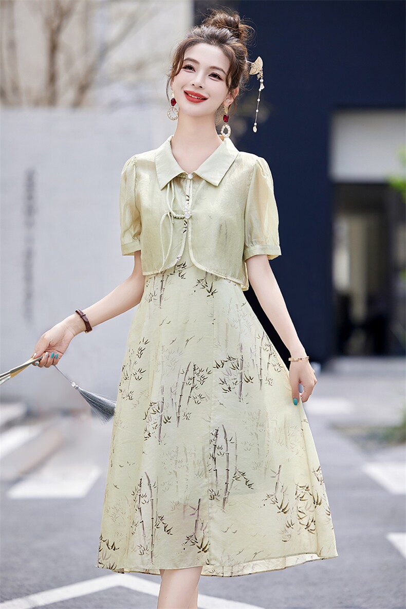 夏天新中式连衣裙女2025新款盘扣上衣吊带裙两件套改良旗袍连衣裙,女装套装/套裙,韩美纤衣