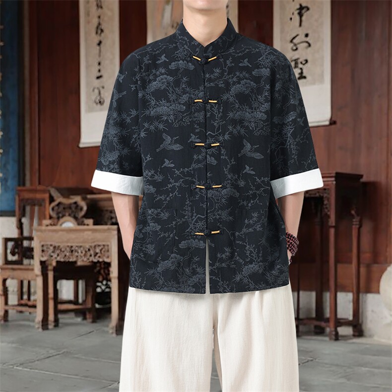 男士衬衫五分袖衬衣中袖印花立领唐装风XZ1512-2550-P45,男装T恤,星座1512