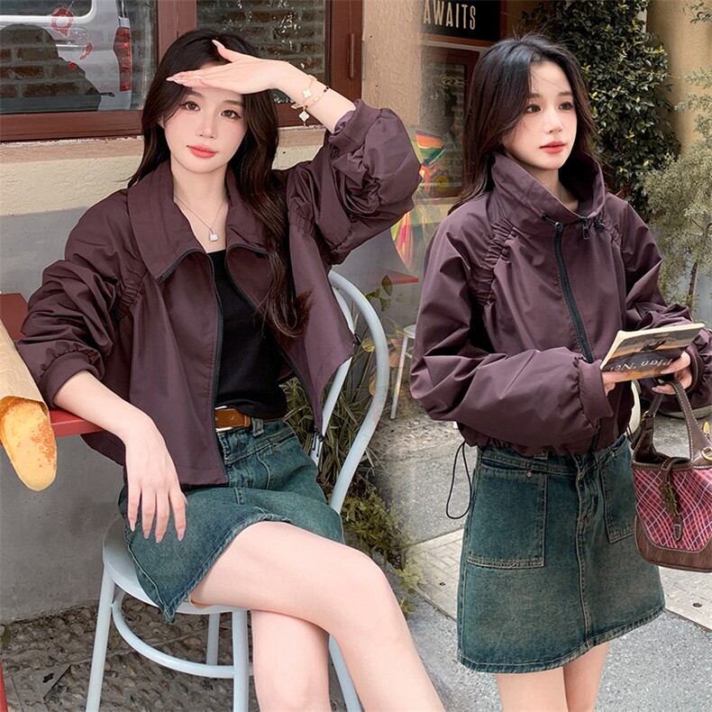 韩版设计感抽绳立领冲锋衣女2025春秋季美式复古显瘦短款工装外套,女装短外套,韩蜜菓