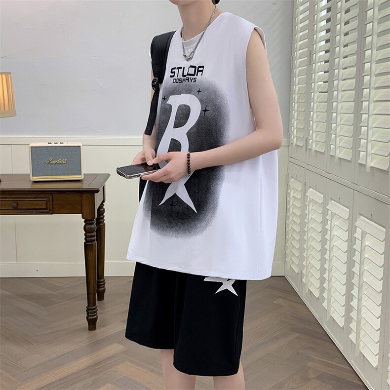 夏季无袖背心t恤套装冰丝透气港风宽松青少年潮男装DF327P58控78,男装休闲套装,电商A086