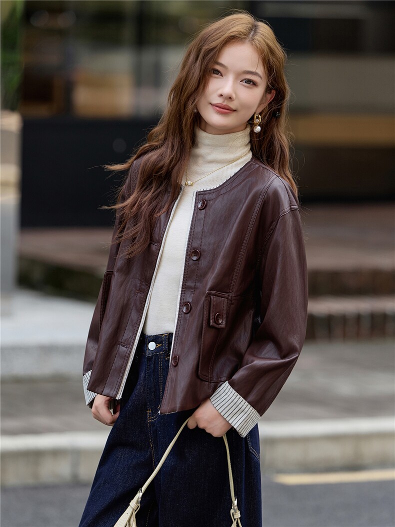 2025秋季女装新款小香风相拼短款皮衣外套,女装皮衣,魅衣本色