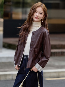 2025秋季女装新款小香风相拼短款皮衣外套图片