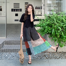 黑色网纱拼接T恤套装女2025夏季新款独特轻熟风撞色半身裙两件套，女装连衣裙，2C029
