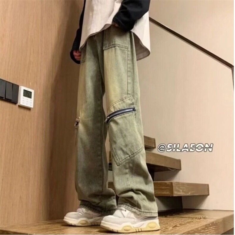 网图美式复古工装牛仔裤男黄泥色p高街潮牌拉链直筒裤子N105-P52,男装牛仔裤,星座1001-1