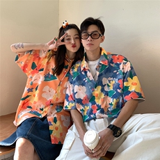 旅游短袖衬衫夏季宽松情侣装外套潮流ins港风休闲沙滩花衬衫女，男装衬衫，电商C306-1