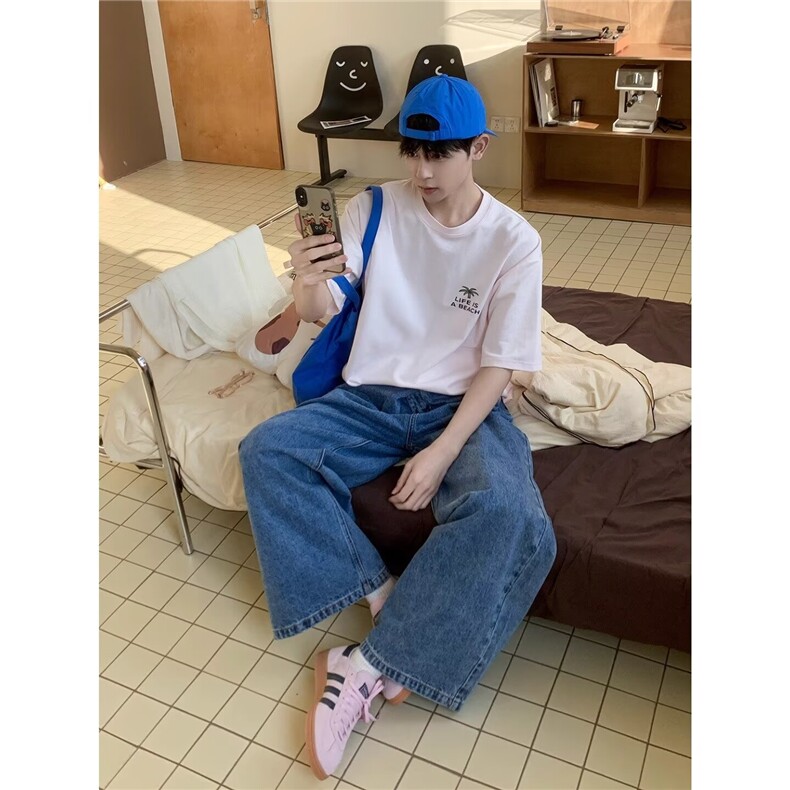 牛仔裤男春秋新款美式宽松直筒斜扣不对称结构裤子LN16111-P50,男装牛仔裤,星座1008