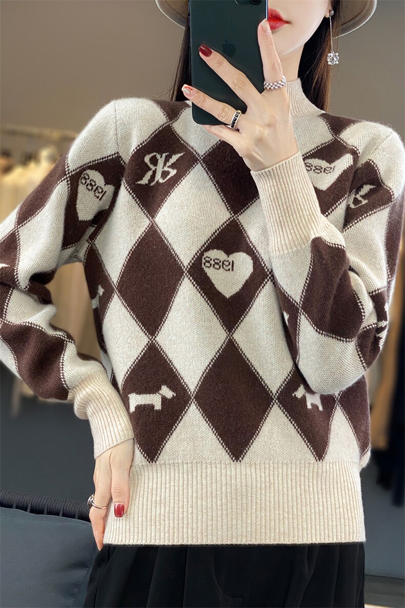 秋冬季新款韩版女装菱格纹羊毛衫女套头宽松外穿加厚保暖打底衫,女装羊毛衫,蒙特羊绒