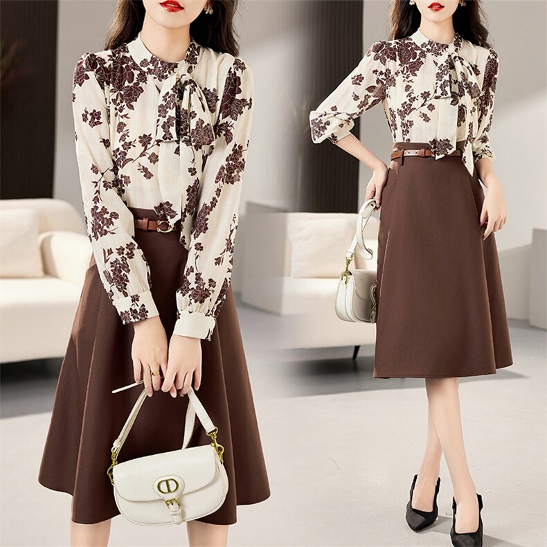 优雅气质印花长袖连衣裙修身显瘦秋装新款女装时尚百搭中长款裙子，女装连衣裙，笃写