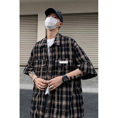 衬衫男韩版潮流短袖格子贴标个性2023夏季新款ins外套CS0588-P43，男装衬衫，星座308B-1