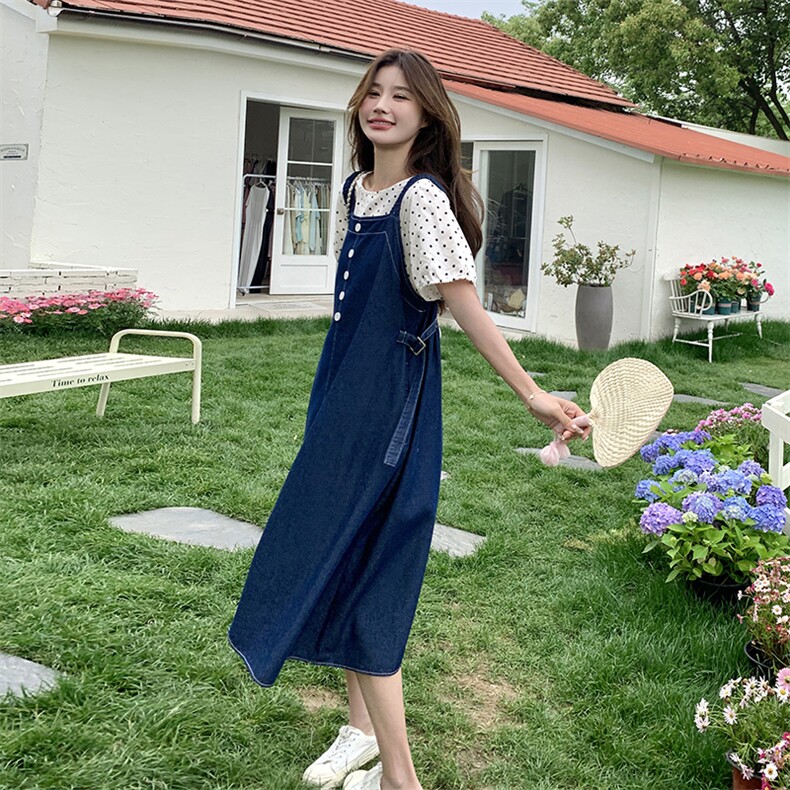 新款现货主推波点上衣+牛仔背带裙9833-P135-K188,女装连衣裙,2C129