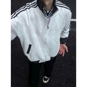 抖音得物高品质美式高街重磅结构设计拼接织带立领卫衣外套CM42