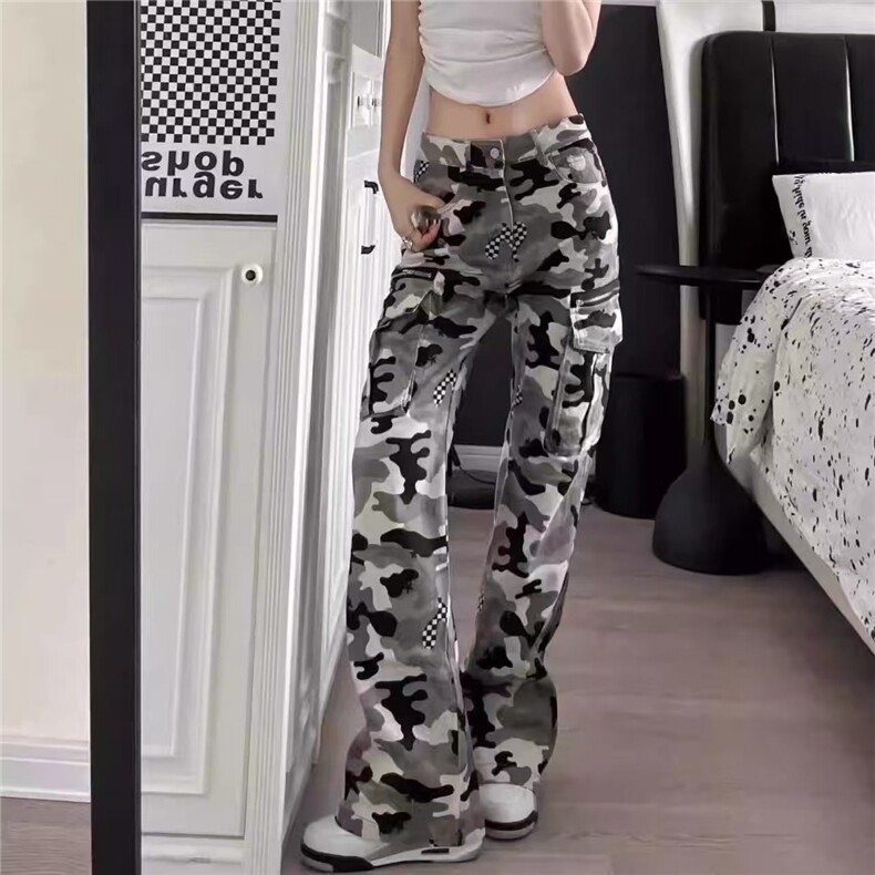 美式vibe小众设计迷彩工装裤女高街宽松直筒微喇显瘦休闲牛仔裤子,男装牛仔裤,星座1210-1