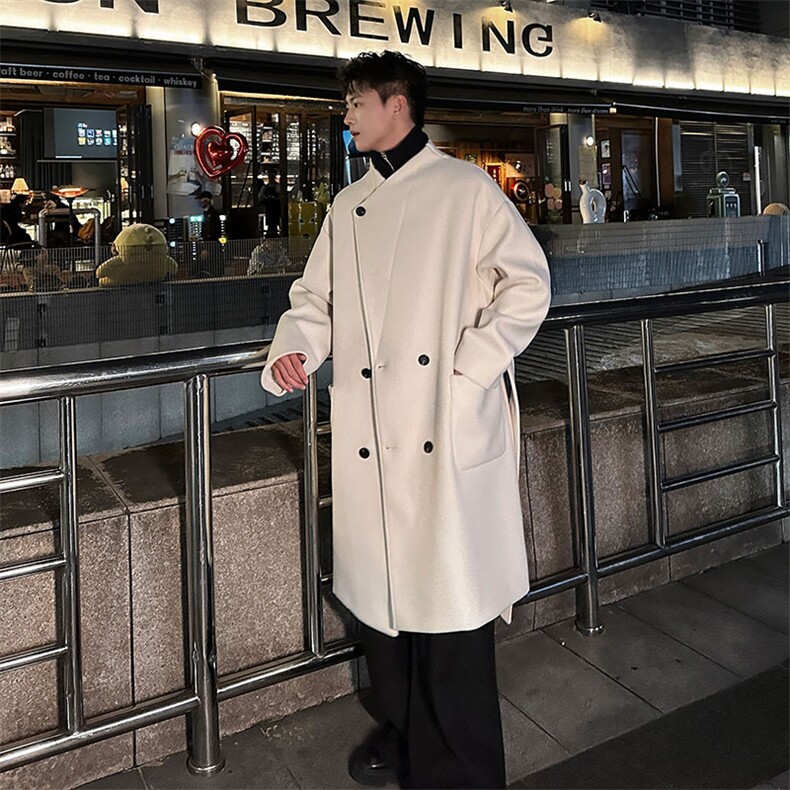 大翻领系腰带长款呢子风衣冬款美式潮牌防风高领外套上衣881P128,男装风衣,电商A458A