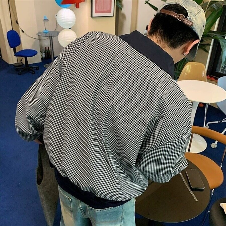 美式复古格纹翻领撞色夹克男女春装新款潮牌宽松百搭外套PY03P55,男装夹克,电商D256-2(原A064-2)