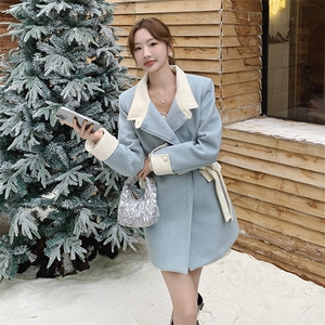 蓝色撞色毛呢外套女冬2025新款高级设计感收腰显瘦中长款呢子大衣图片