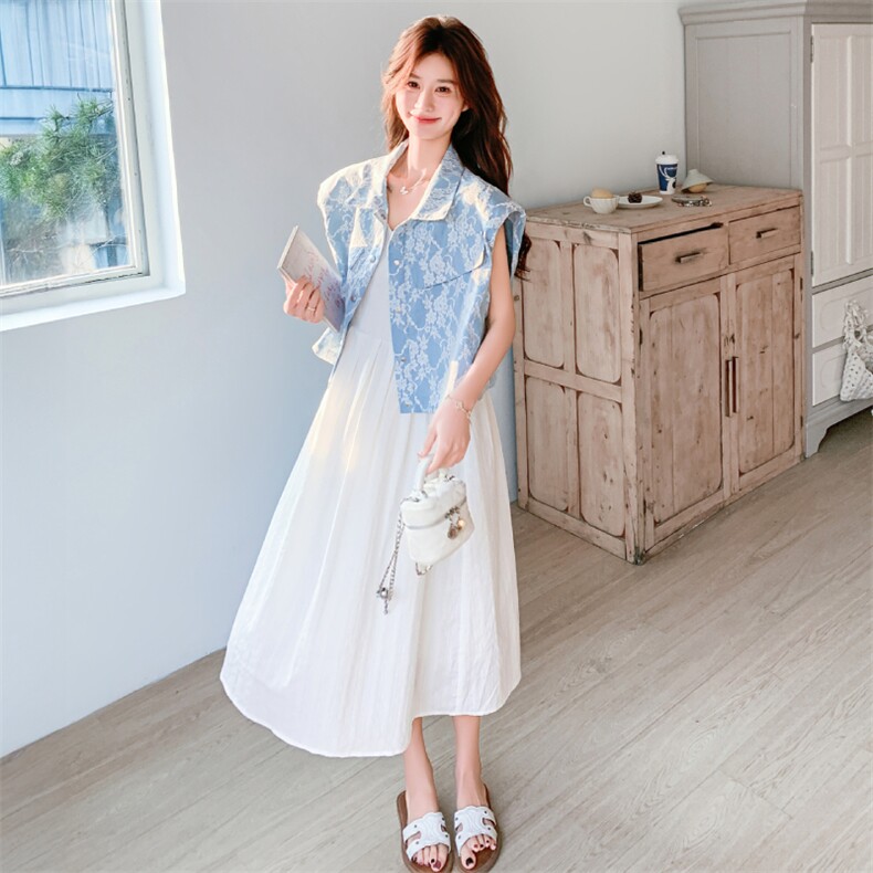 温柔风蕾丝马甲吊带裙套装女2025年夏季新款韩系减龄连衣裙两件套,女装连衣裙,2D009
