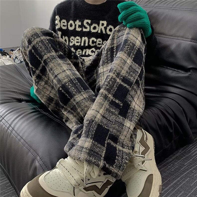 格子加大码休闲裤男秋季美式复古宽松直筒阔腿休闲长裤子男款，女装休闲裤，星座1210-1