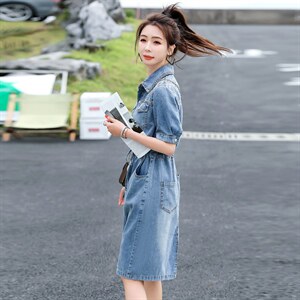 欧货牛仔连衣裙女中长款2025夏季薄款收腰显瘦时尚亮片衬衫A字裙图片