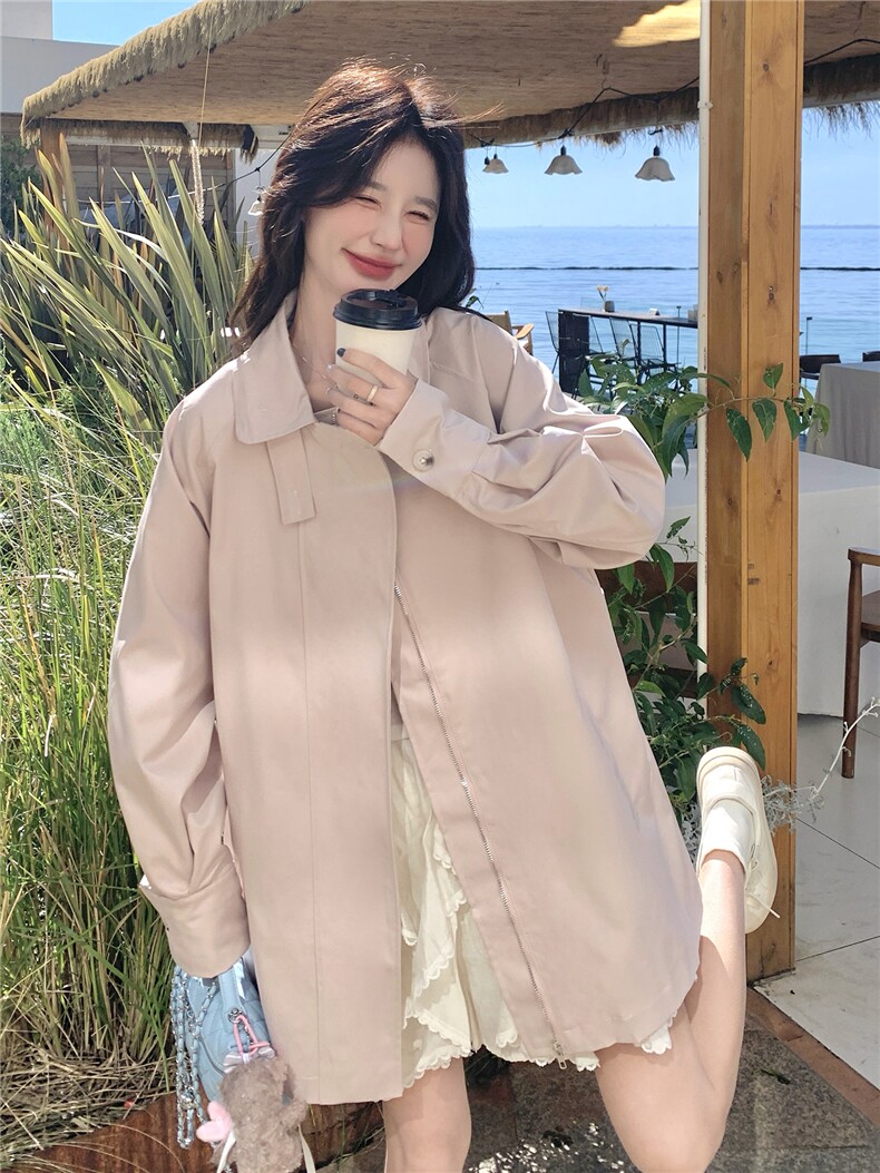 2026春装新款甜美粉色蕾丝袖口韩版休闲中长风衣外套女,女装风衣,时尚风爆