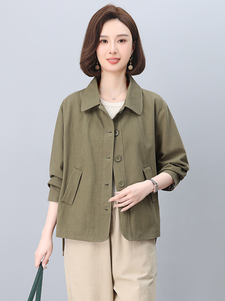 中年妈妈纯棉风衣外套女短款2025春秋新款小个子宽松大码夹克上衣,女装短外套,忆绮罗