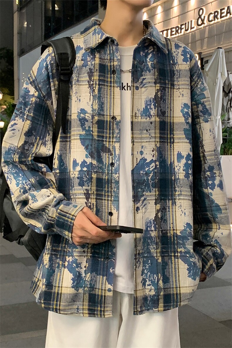 特批P45无差价秋新扎染格子长袖衬衫男美式潮牌翻领衬衣外套C2543,男装衬衫,电商A001