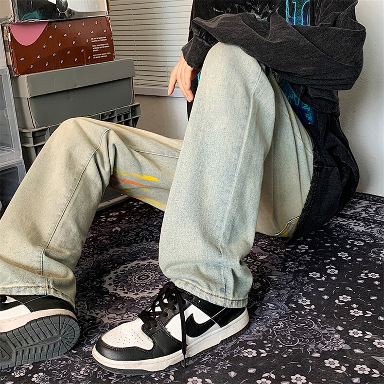 美式复古牛仔裤黄泥泼墨水洗高街男女直筒长裤N0547-P53,男装牛仔裤,星座308B-1