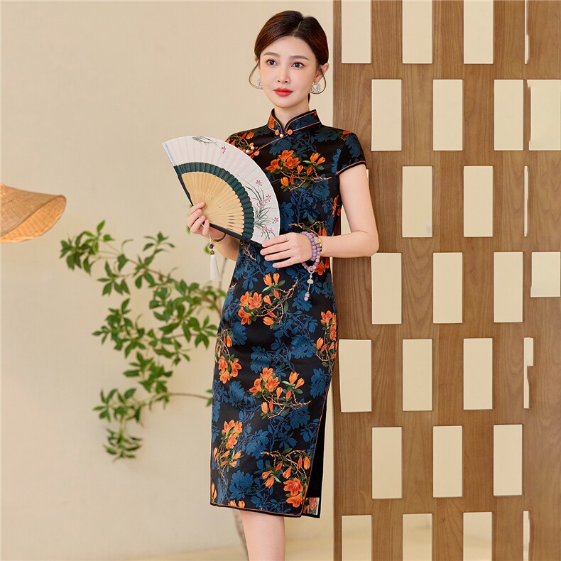 杭州品质真丝中长裙复古印花连衣裙女春夏日常修身潮流真丝旗袍,女装汉服/婚纱/旗袍/礼服,小荷流