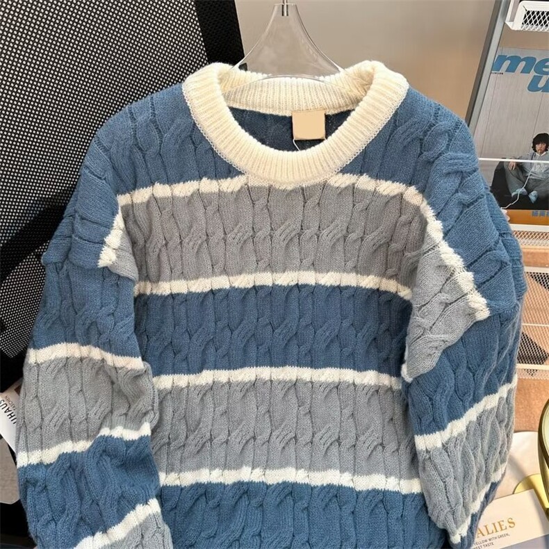 港风森系条纹毛衣外套男秋冬季2023新款宽松慵懒风针织衫 M316图片