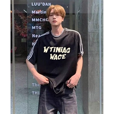 抖音得物高品质二开240克宽松纯棉美式潮牌三条杠织带短袖T恤，男装T恤，电商A486-1