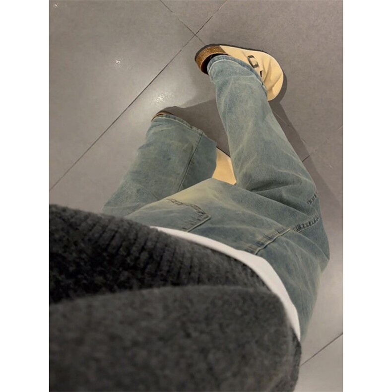 复古蓝直筒加绒牛仔裤男冬季显瘦弯刀裤子美式高街vibe修身微喇裤,男装牛仔裤,四季星座505